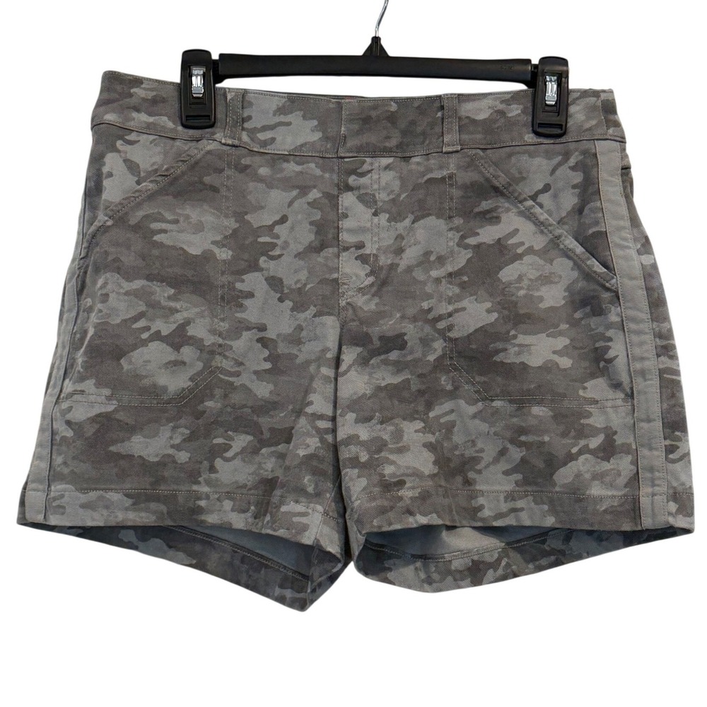 Spanx Womens Medium Grey Camo Stretch Twill Pull On Shorts Side Stripe 5" Inseam